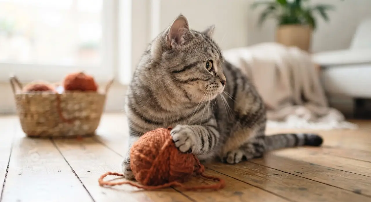 Grå katt leker med ett nystan av garn
